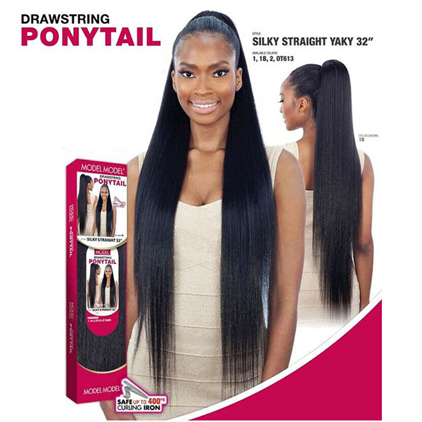 Model Model Drawstring Ponytail Long Extension Hairpiece Silky Straight Yaky 32"
